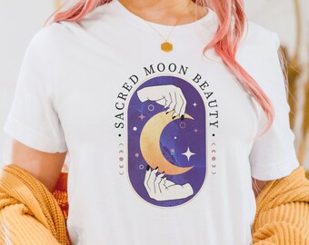 Sacred Moon Baumwolle T-Shirt, Mystische Halbmond Hände Design
