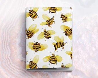 Honey Bee Pollinate Yellow Flower Blocking Print Passport Holder Cover Case Travel Luggage Passport Wallet Card Holder Made With Leather For Men Women Kids Family