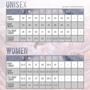 May include: Size chart for unisex and women's clothing with measurements in inches for body length, body width, full body length, and sleeve length.