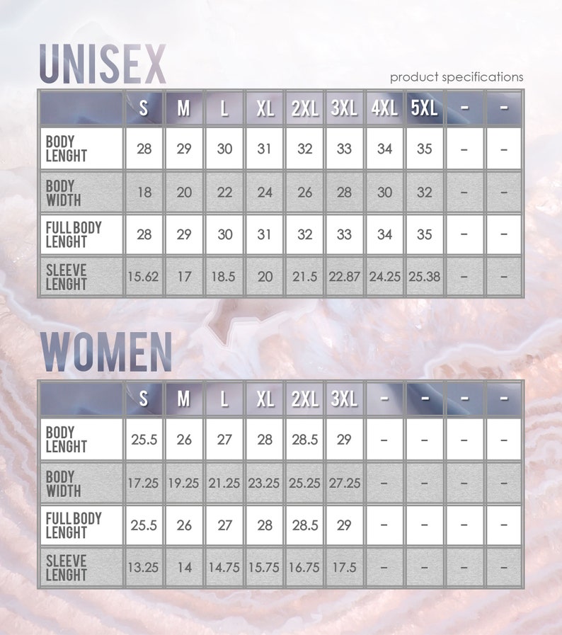 May include: Size chart for unisex and women's clothing with measurements in inches for body length, body width, full body length, and sleeve length.