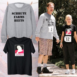 May include: A set of two gray long-sleeved shirts with black text that reads "Schrute Farms Beets" and a black t-shirt with a white cat image and the text "Sprinkles".