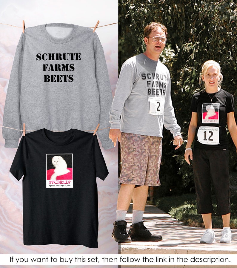 May include: A set of two gray long-sleeved shirts with black text that reads "Schrute Farms Beets" and a black t-shirt with a white cat image and the text "Sprinkles".