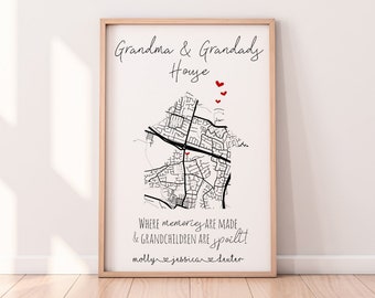 Personalised Grandparents House Map Print: Gift from Grandchildren, Grandma/Grandad Gift, Custom Wall Art