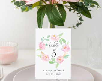 Personalised pink floral Table Numbers, Wedding table number cards, pink peony flower table number prints, botanical wedding table signs 5x7