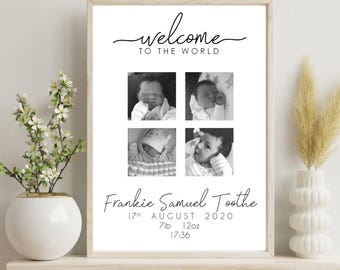 Personalised Baby Birth Stats Photo Collage Print Custom Newborn Name Print Nursery Wall Art Baby Keepsake Gift Modern Minimal