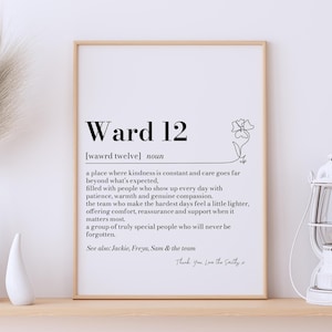 May include: A framed print with the words "Ward 12" and its definition. The definition describes a place of kindness and compassion. A minimalist floral line drawing is in the upper right corner. The print is on a shelf with vases and a lantern.