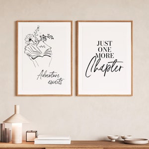 Set di 2 stampe di lettura, stampa con citazione sulla lettura, "Just One More Chapter", linea minimalista di libri, stampe per amanti della lettura, decorazione per libreria, arte