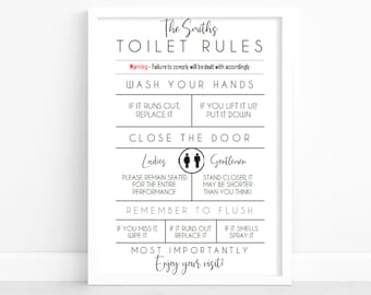 Grappige toiletregels print, gepersonaliseerde badkamer muurkunst, toilet beneden decor, gastentoilet print, garderobe poster cadeau, housewarming