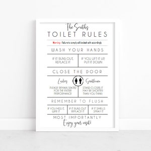 Puede incluir: Un cartel imprimible en blanco y negro con el texto "The Smiths Toilet Rules" y una lista de reglas para usar el baño. Las reglas incluyen lavarse las manos, reemplazar el papel higiénico, bajar la tapa del inodoro, cerrar la puerta y tirar de la cadena.