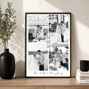 May include: A rectangular black-framed wall art print featuring a collage of four black and white wedding photographs. The centre displays the date 18 05 26 vertically, and the bottom includes the handwritten-style text Mr & Mrs Humphrey.