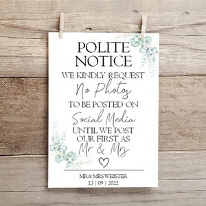 Personalised no social media wedding sign, printable wedding signs, polite notice, no photos print, notice for wedding guests, greenery sign