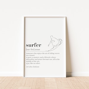 Impressão personalizada com definição de surfista, presente para surfista, impressão de arte de parede de surfe, impressão de dicionário, presente para surfista, presente para instrutor de surfe