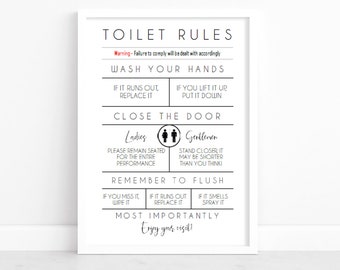 May include: A black and white sign with the text "Toilet Rules" and a list of rules for using the toilet. The rules include washing your hands, replacing the toilet paper if it runs out, putting the toilet seat down if you lift it up, closing the door, and flushing the toilet. The sign also includes a reminder to enjoy your visit.