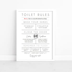 Toilet Rules print, toilet rules print, downstairs toilet wall art, toilet poster, bathroom prints, funny toilet decor, cloakroom wall art