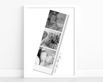 May include: Black and white photo collage of a couple in a white frame. The photos are arranged in a vertical strip and are tilted to the right. The text "Love you always" is written below the photos.