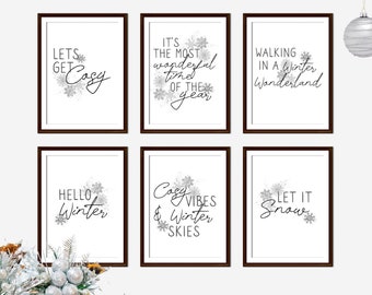 Láminas navideñas monocromáticas: Arte mural con frases festivas, decoración navideña minimalista, lámina de copo de nieve.