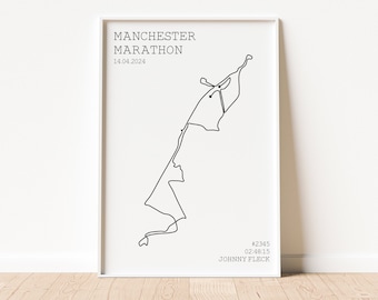 Impression personnalisée de carte du marathon de Manchester, impression d'itinéraire de marathon, impression de finition du marathon de Manchester, cadeau marathon, cadeau de course à pied
