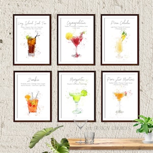 Watercolour Alcohol Cocktail Prints - Set of Kitchen Prints, Alcohol Prints, Cocktail Pictures, Cocktail Mixology Art, Cocktail Recipe Print