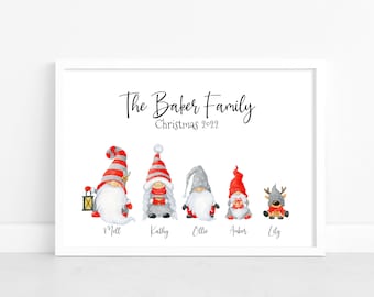 Lámina personalizada de gnomos navideños: decoración con el nombre de la familia, láminas festivas tradicionales para la repisa de la chimenea.