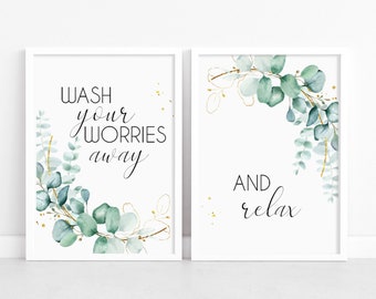 Bathroom Wall Art Set, Eucalyptus Quote Prints, Minimalist Greenery Decor, Wash Your Worries Away Print, Spa Shower Room Wall Art, Ensuite
