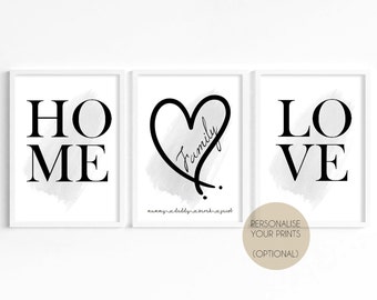 Family Prints Quote Set: Home, Love, Heart, Feature Wall Display, Living Room Wall Art