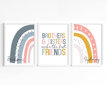 Personalised Sibling Wall Art - Rainbow Shared Bedroom Print Set for Brothers and Sisters, Playroom or Nursery Decor, New Baby and Sibling
