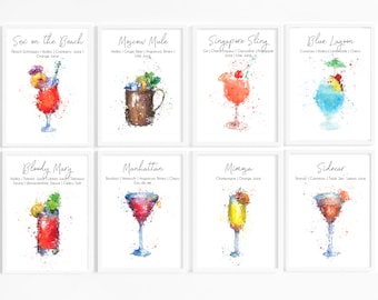 Watercolour Cocktail Recipe Prints: Bar Decor Wall Art, Retro Home Bar Poster Drinks Frames