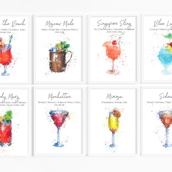 Watercolour Alcohol Cocktail Prints - Set of Kitchen Prints, Alcohol Ingredients prints, Cocktail Pictures, Alcoholic Drink Poster, Glasses
