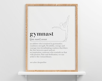Puede incluir: Un dibujo en blanco y negro de una gimnasta en una pose. La imagen es una definición de la palabra "gimnasta" con la pronunciación y la definición de la palabra.