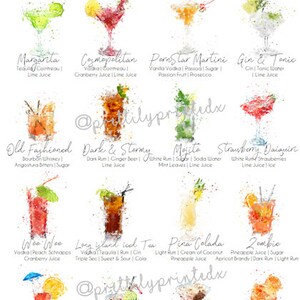 May include: A watercolor illustration of 12 classic cocktails with their names and ingredients listed below each image. The cocktails include a Margarita, Cosmopolitan, Pornstar Martini, Gin & Tonic, Old Fashioned, Dark & Stormy, Mojito, Strawberry Daiquiri, Woo Woo, Long Island Iced Tea, Pina Colada, Zombie, Tequila Sunrise, Cuba Libre, Espresso Martini, and Aperol Spritz.