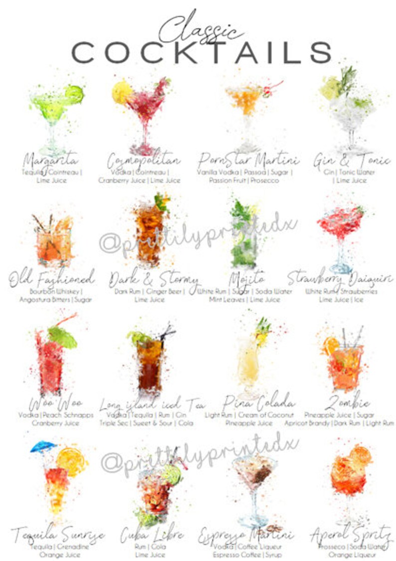 May include: A watercolor illustration of 12 classic cocktails with their names and ingredients listed below each image. The cocktails include a Margarita, Cosmopolitan, Pornstar Martini, Gin & Tonic, Old Fashioned, Dark & Stormy, Mojito, Strawberry Daiquiri, Woo Woo, Long Island Iced Tea, Pina Colada, Zombie, Tequila Sunrise, Cuba Libre, Espresso Martini, and Aperol Spritz.