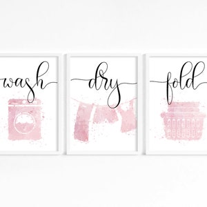 Set of Three Laundry Wall Prints, Wash Dry Fold Print, Utility Room Decor, Pink Laundry  Accessories, Pink Utility Room Prints, Wall Decor