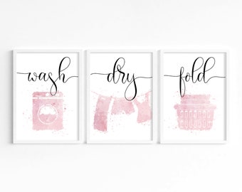 Laundry Room Prints Set: Pink Wash Dry Fold, Minimalist Wall Art, Pink Utility  Decor