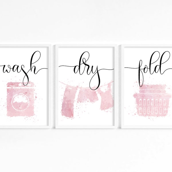 Set of Three Laundry Wall Prints, Wash Dry Fold Print, Utility Room Decor, Pink Laundry  Accessories, Pink Utility Room Prints, Wall Decor