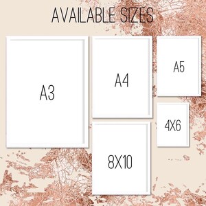 May include: A white background with a rose gold splatter pattern.  The image shows five white frames with different sizes labeled: A3, A4, A5, 4x6, and 8x10.  The text "AVAILABLE SIZES" is at the top of the image.