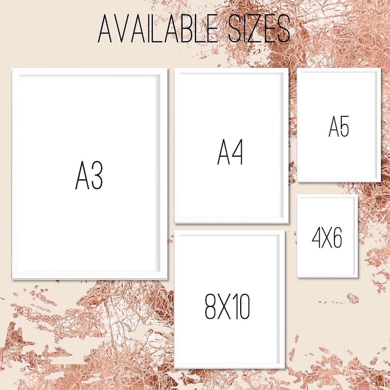 May include: A white background with a rose gold splatter pattern.  The image shows five white frames with different sizes labeled: A3, A4, A5, 4x6, and 8x10.  The text "AVAILABLE SIZES" is at the top of the image.