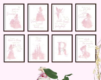 Personalised Princess Wall Art, Girls Bedroom Decor, Custom Name Nursery Print, Pink Princess Set, Gift for Girls Room or Toddler, fairytale