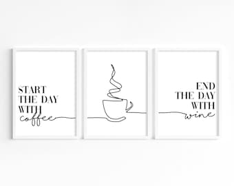 Coffee & Wine Line Art Prints, Minimal Kitchen Wall Decor, Modern Coffee Bar Poster Artwork