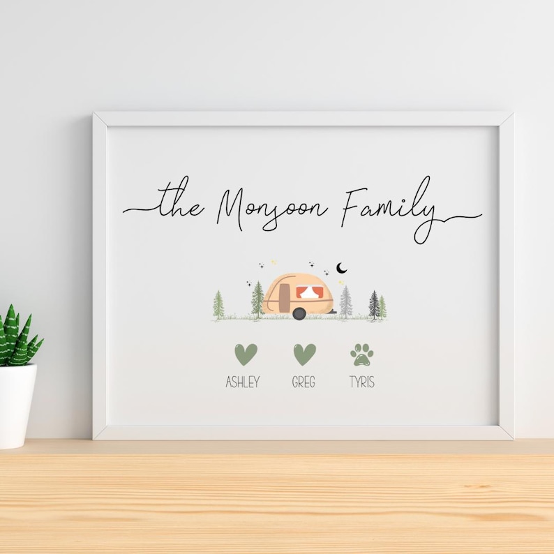 Our family caravan print with'the*Surname* Family' heading, a caravan graphic with trees, stars and moon. Underneath a heart representing each family member including their name below, paw prints also available.