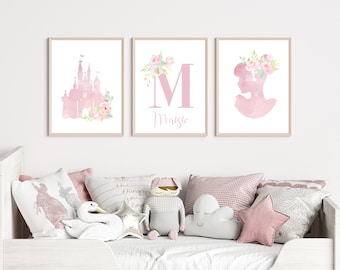 Set di 3 stampe di principesse, decorazioni murali personalizzate con principesse, decorazioni per la camera da letto delle bambine, stampe per la cameretta dei bambini, poster con fiori di principesse