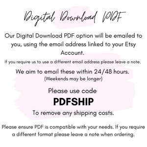 May include: Pink and white graphic with the text "Digital Download PDF" and instructions on how to use a code to remove shipping costs.