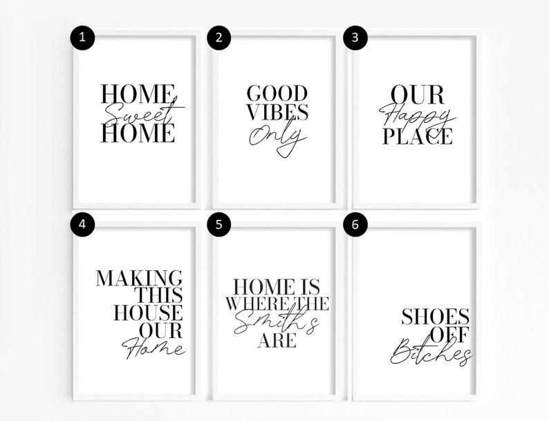 Home Quote Prints available in 18 different designs. In order ( designs 1-6) Home sweet home, good vibes only, our happy place, making this house our home, home is where the *surname* are, shoes off bitches