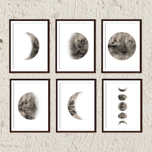 Decoración de pared con fases lunares en acuarela, impresiones de fases lunares, arte mural con fases lunares, arte para colocar sobre el sofá, arte mural celestial, póster de la carta lunar, arte lunar