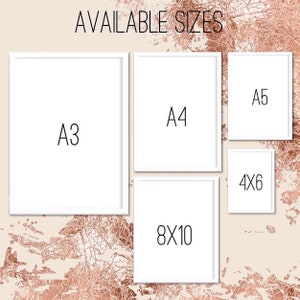 May include: A white background with a rose gold splatter pattern.  The image shows five white frames with different sizes labeled: A3, A4, A5, 4x6, and 8x10.  The text "AVAILABLE SIZES" is at the top of the image.