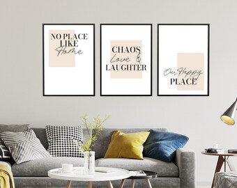 Family Quote Prints Set: Minimalist Home Wall Decor, Our Happy Place Living Room Art