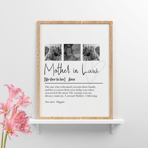 May include: A black and white printable art print with a definition of the word "Mother in Law" and a heart graphic. The print includes three black and white photos of a woman.