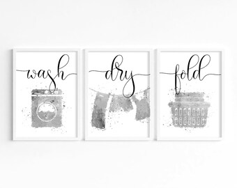Laundry Room Prints: Wash Dry Fold, Grey Utility Decor, Soft Neutral Wall Art,  Watercolrour
