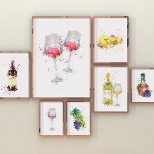 May include: A set of eight watercolor paintings featuring wine bottles, glasses, and grapes. The paintings are framed in gold and arranged in a grid pattern on a white wall.