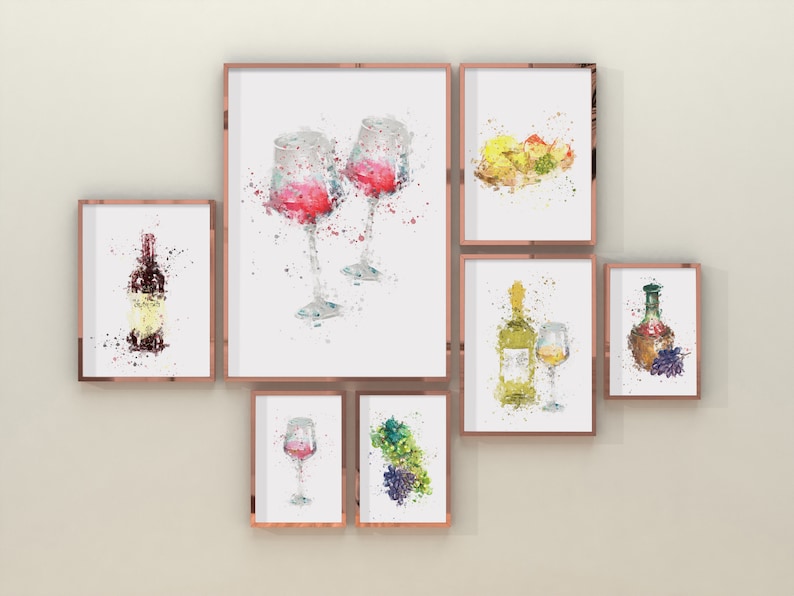 May include: A set of eight watercolor paintings featuring wine bottles, glasses, and grapes. The paintings are framed in gold and arranged in a grid pattern on a white wall.