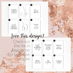 May include: Twelve white framed prints with black text and illustrations. The prints feature bathroom-themed phrases like "Nakey Nakey Naked", "Nice Bum", "Hello Sweet Cheeks", "Take a Seat", "Wash Your Worries Away", "The Best Seat in the House", "Focus Aim Flush", "Soak Relax Unwind", "No Selfies", and "Take a Bath".